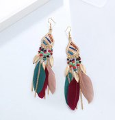 Dames oorbellen met veren - Oorhangers zomer - Goudkleurig -12 cm -  cadeau voor vrouw - valentijn cadeautje voor haar
