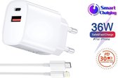 Power Adapter 38W Thuislader met USB-C Kabel - Quick Charge 3.0 en USB-C - Oplader Stekker Oplaadstekker met 2 USB Poorten - Geschikt voor iPhone 13 Mini / iPhone 13 / iPhone 13 Pro / iPhone 