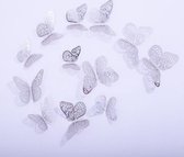 Cake topper decoratie vlinders of muur decoratie met plakkers 12 stuks zilver - 3D vlinders - VL-03
