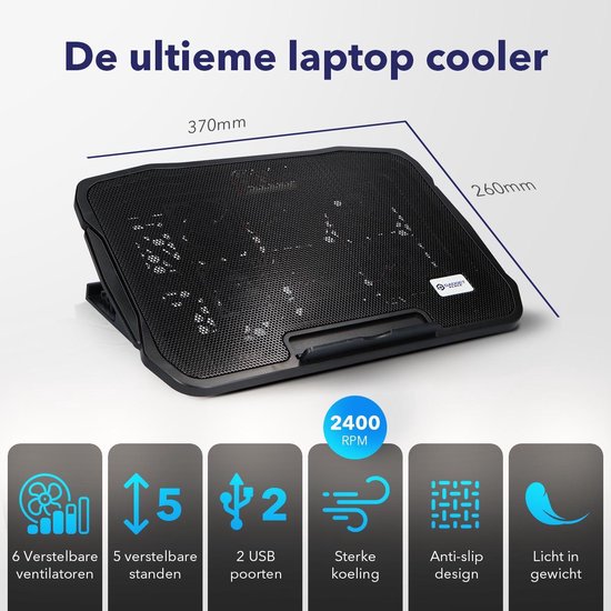 Universele Laptop Cooler met 6 krachtige ventilatoren - Verstelbaar - Tot 17 inch - Laptop standaard - Cooling pad - Gadgetplace