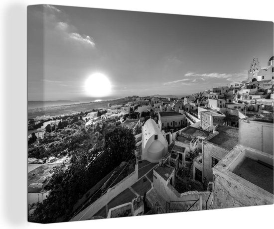 Canvas Schilderij Zonsondergang over Pyrgos Santorini - zwart wit - 30x20 cm - Wanddecoratie