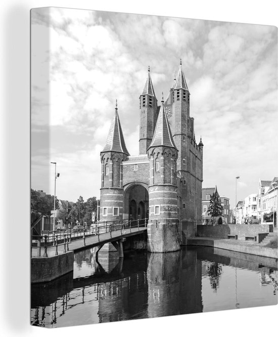 Canvas Schilderij Amsterdamse poort bij de grachten - zwart wit - 20x20 cm - Wanddecoratie
