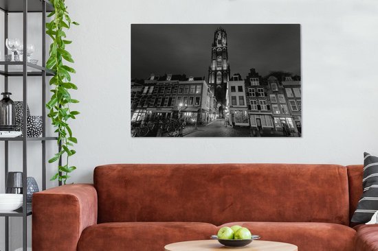 Tableau sur toile La Tour Dom à Utrecht la nuit - noir et blanc - 120x80 cm - Décoration murale