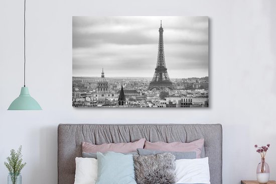 Peinture sur toile Vue aérienne de la Tour Eiffel à Paris - noir et blanc - 180x120 cm - Décoration murale XXL