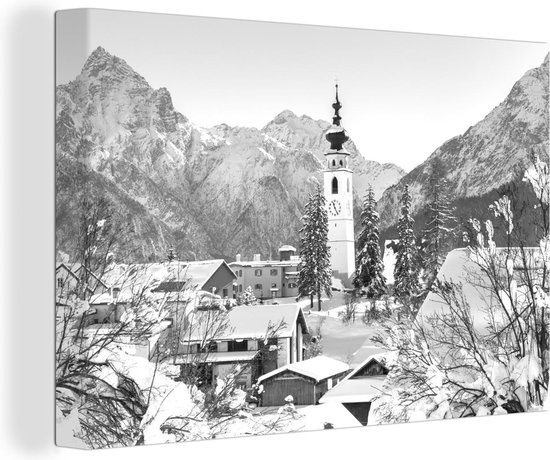 Canvas Schilderij Sneeuw in een bergdorp in Zwitserland - zwart wit - 60x40 cm - Wanddecoratie