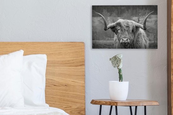 Tableau sur toile Highlander écossais regardant droit dans la caméra - noir et blanc - 30x20 cm - Décoration murale