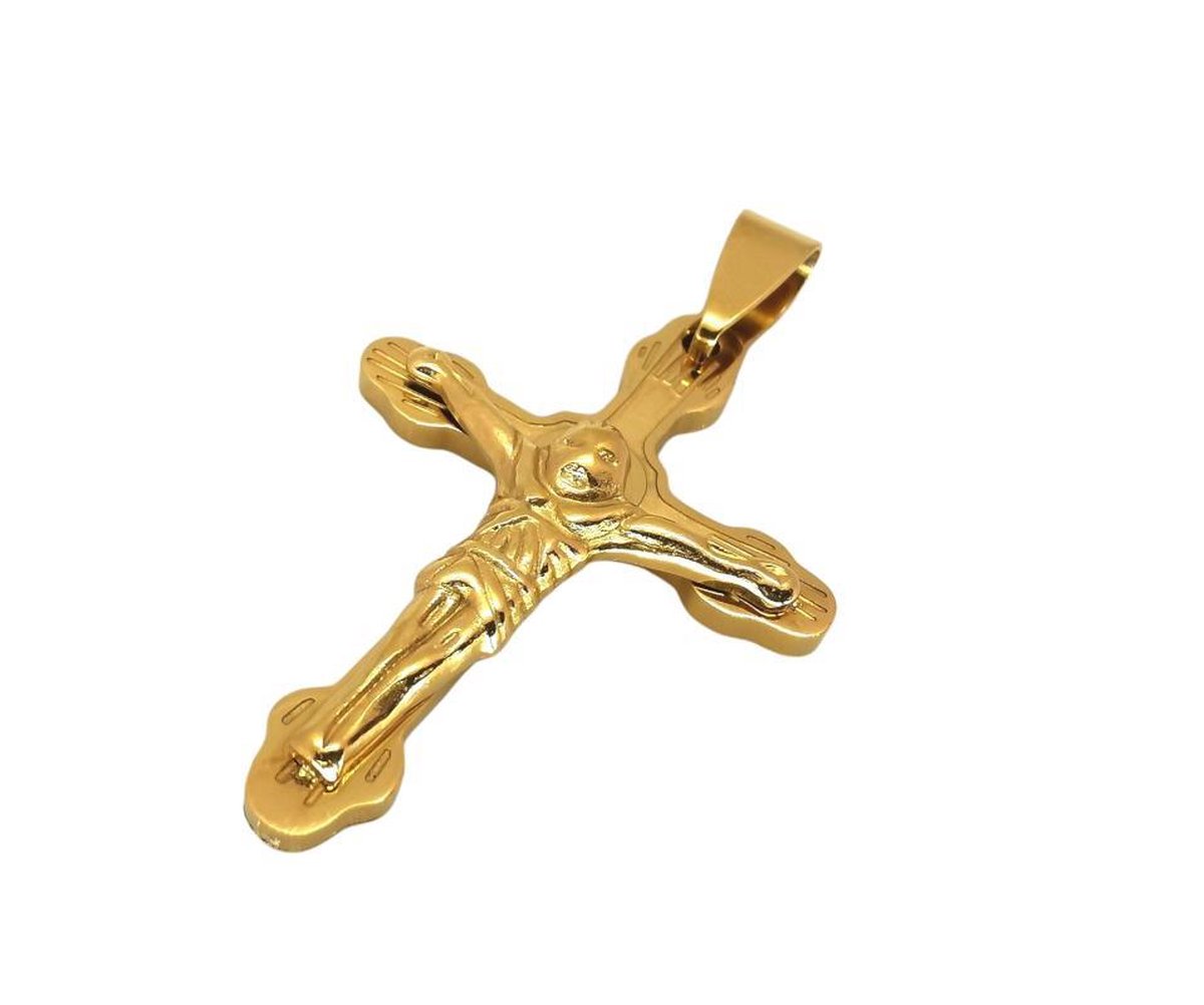 Prachtig bewerkt goudkleurig Rvs kruis met jezus, H 45 x 33 mm.