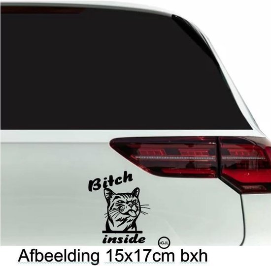 Autosticker Raamsticker  Bitch inside Kat  Poes Humor Bumper Window Sticker Spreuk Afmeting 15x17cm bxh Zwart