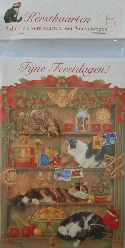 8 Dubbele Kerstkaarten met enveloppen kat van Franciens katten in de kast 10x15 cm - Feestdagen kaarten