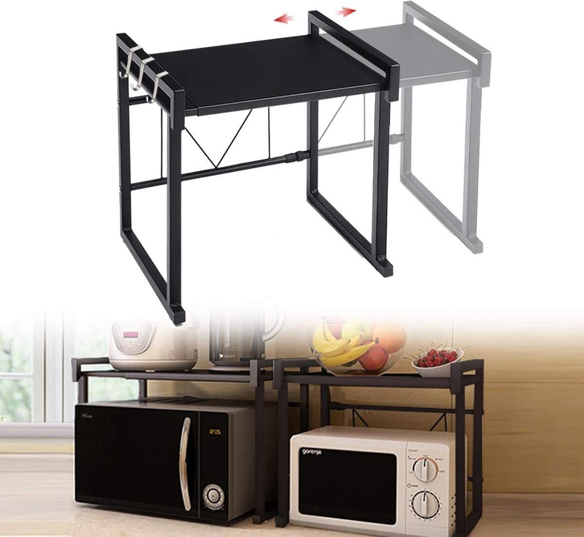 Natuur Kleur Keukenaccessoire Relaxdays Magnetron Rek Van Bamboe – 67x61x35 Cm, 2 Etages, Snijplankhouder En 4 Haken – Extra Opbergruimte In Je Keuken Keuken Organizer Kast