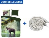 Luxe Dekbedovertrek Eenpersoons - 140x200/220cm - Inclusief 1 Kussensloop - 100% Zacht Polyester - Groen Laughing + Wasbaar Microfiber Dekbed - 140x220cm - Wit