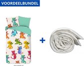 Dekbedovertrek voor Kinderen - Eenpersoons - 140x200/220cm - Inclusief 1 Kussensloop - 100% Versterkt Katoen - Draken + Wasbaar Microfiber Dekbed - 140x220cm - Wit