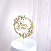 Cake topper - Decoratie - Rond met bloemen - Taartversiering - Happy birthday - 1 stuk - Goud - RO-03