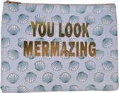 XL Make Up Tas - Etui - Toilettas - Mermaid - Zeemeermin - Blauw / Paars / Goud - 27 x 21 x 1 cm