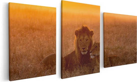 Artaza Canvas Schilderij Drieluik Leeuw En Leeuwin Tijdens Zonsondergang - 120x60 - Foto Op Canvas - Canvas Print