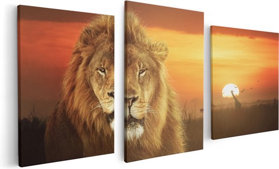 Artaza Tableau Triptyque Lion Dans La Savane - Coucher De Soleil - 120x60 - Photo Sur Toile - Impression Sur Toile