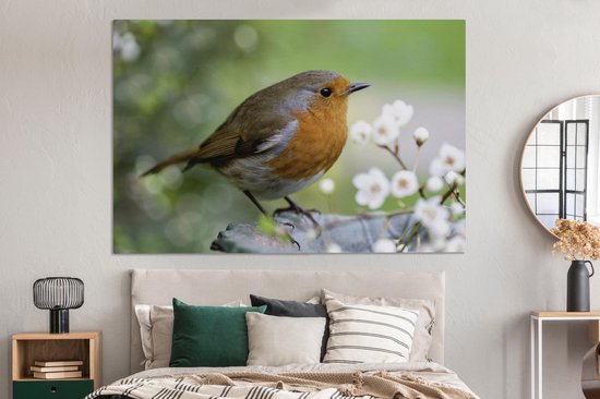 Canvas schilderij 180x120 cm - Wanddecoratie Roodborstje - Bloemen - Tak - Muurdecoratie woonkamer - Slaapkamer decoratie - Kamer accessoires - Schilderijen
