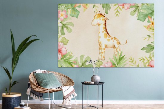 Tableau sur toile Girafe - Peinture aquarelle - Fleurs - Jungle - 180x120 cm - Décoration murale XXL