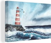 Canvas Schilderij Vuurtoren - Zee - Golf - 90x60 cm - Wanddecoratie