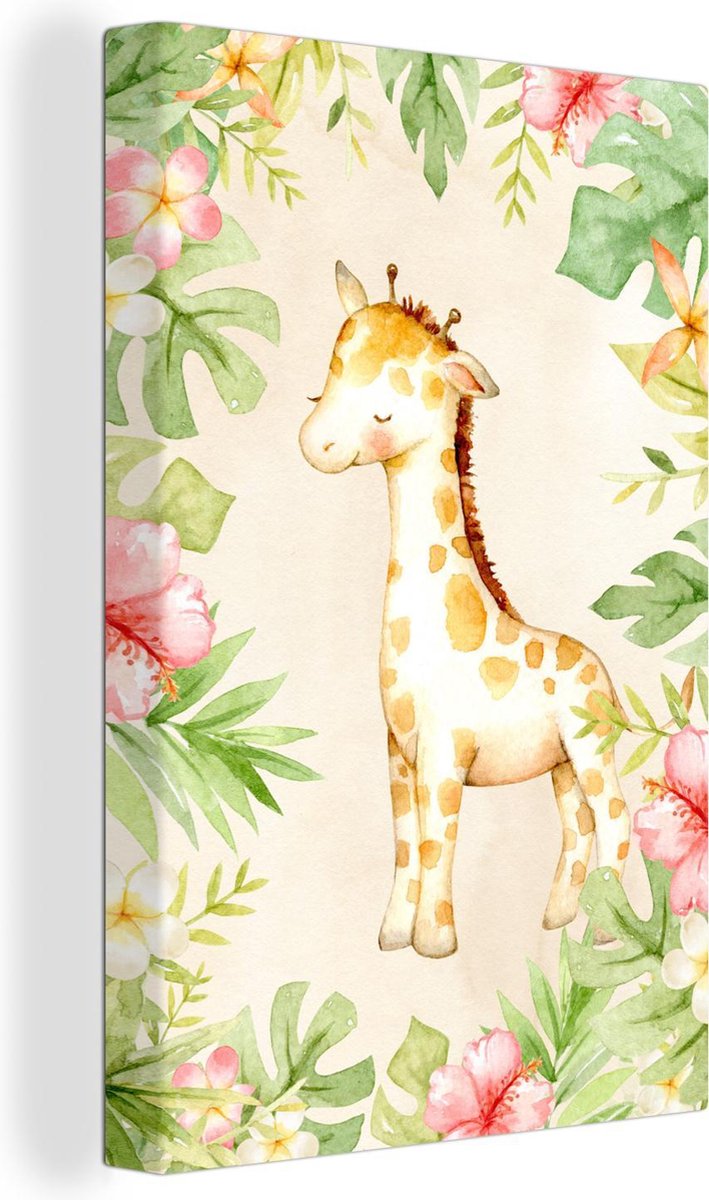 Canvas Schilderij Giraffe - Waterverf - Bloemen - 80x120 cm - Wanddecoratie