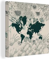 Canvas Wereldkaart - 20x20 - Wanddecoratie Wereldkaart - Bloemen - Planten