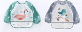 Duo pack - Vogel & Flamingo| Slabbetje lange mouwen met brede opvangbak (1-3 jaar) - mag in vaatwasser/ wasmachine
