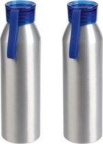 4x Stuks aluminium waterfles/drinkfles zilver met blauwe kunststof schroefdop 650 ml - Sportfles - Bidon