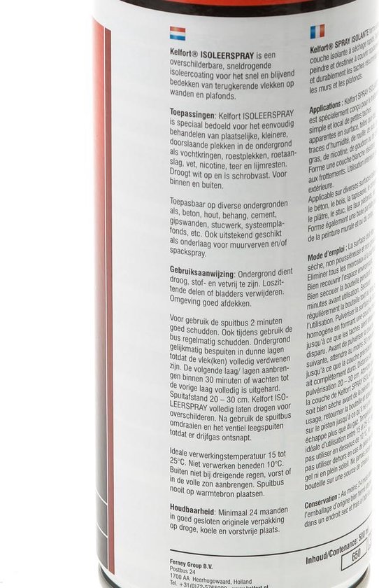 Kelfort isolerende spuitbus 500 ml, met Nederlandstalige en Franstalige productinformatie.