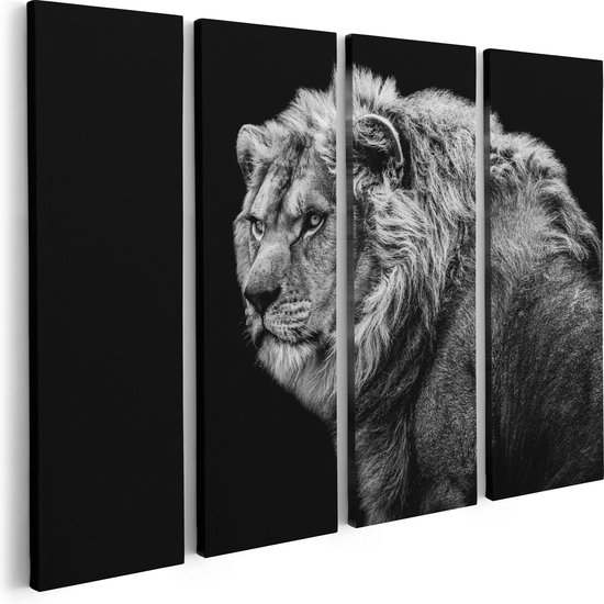Artaza Canvas Schilderij Vierluik Leeuw - Zwart Wit - 80x60 - Foto Op Canvas - Canvas Print
