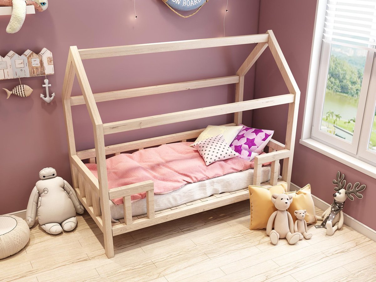 WOODINTERIEUR |Kinderbed | Huisbed met uitvalbeveiliging 90x200 cm hout | - Woodinterieur