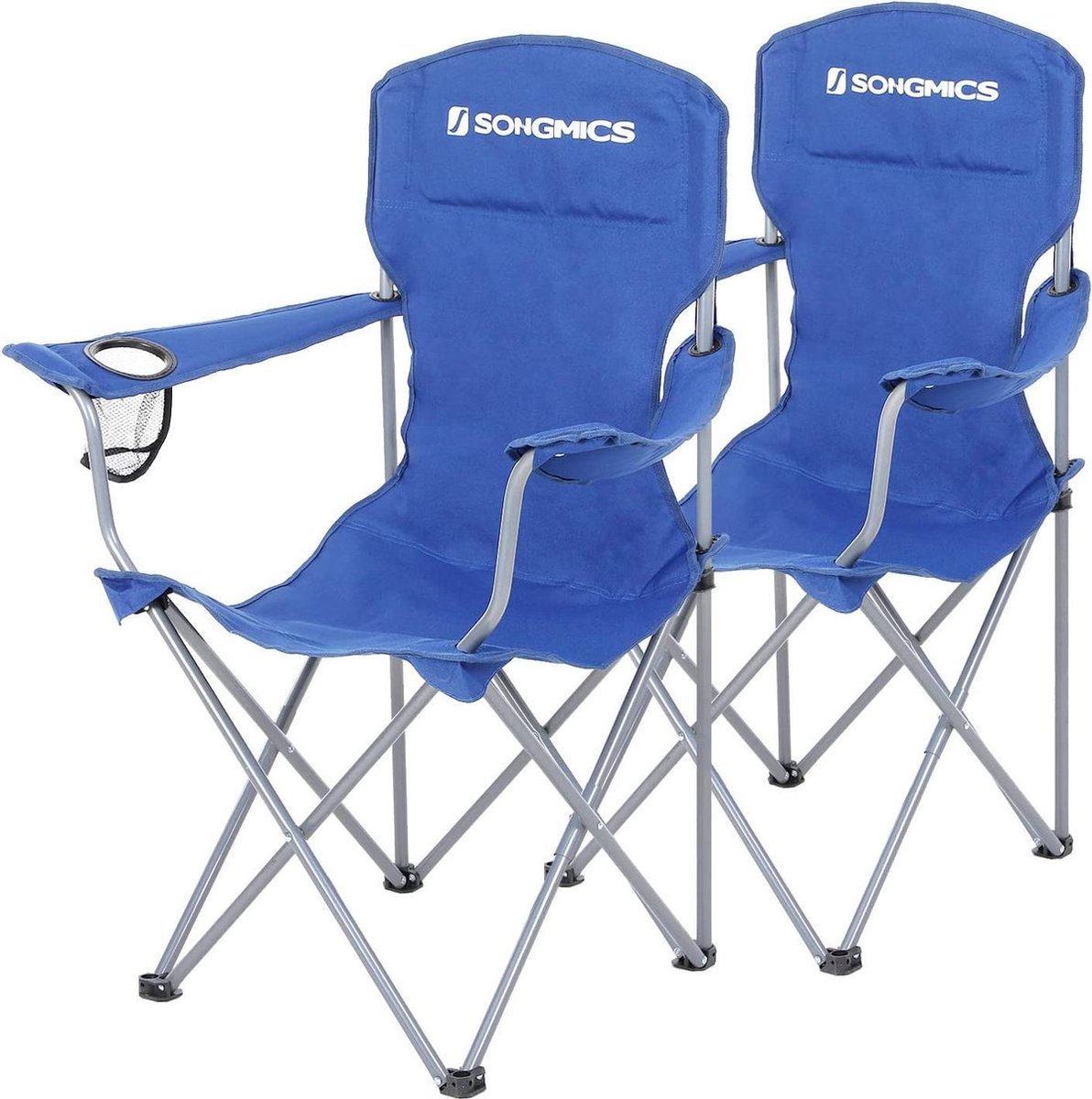 SONGMICS Campingstoel, set van 2, inklapbaar, comfortabel, klapstoel met robuust frame, belastbaar tot 150 kg, met flessenhouder, outdoor stoel, blauw GCB08BU, XL