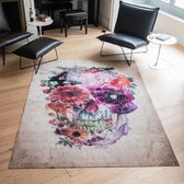 Vloerkleed laagpolig Studio M HOME - Tapijt woonkamer - Tapijt slaapkamer - Vloerkleed vintage skull - 185 x 260 cm - Doodshoofd met bloemen - Beige