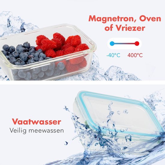 Glazen vershouddoosje met bosbessen en frambozen in een omgeving van ijs en een close-up van een vaatwasser.