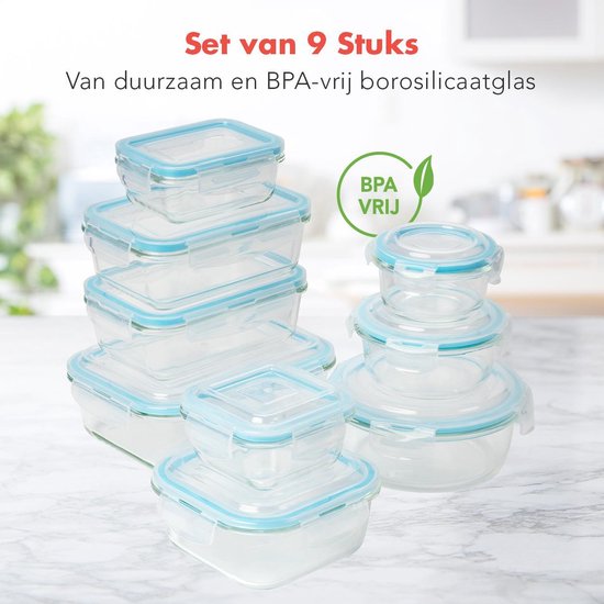KitchenBrothers Boîtes de conservation en Verres - 9 conteneurs avec couvercle - Prep de repas - BPA Gratuit - Congélateur / Micro - ondes / Four / Lave - vaisselle