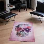 Vloerkleed laagpolig Studio M HOME - Tapijt woonkamer - Tapijt slaapkamer - Vloerkleed vintage skull - 90 x 150 cm - Doodshoofd met bloemen - Roze