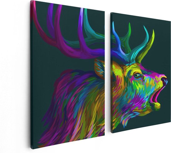 Artaza Canvas Schilderij Tweeluik Hertenkop - Hert - Abstract - Kleur - 80x60 - Foto Op Canvas - Canvas Print