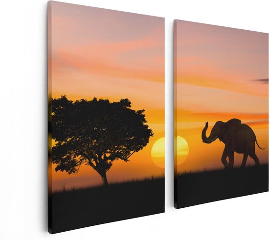 Artaza Canvas Schilderij Tweeluik Olifant Silhouet Tijdens Zonsondergang  - 80x60 - Foto Op Canvas - Canvas Print