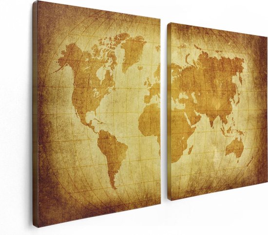 Artaza - Diptyque de peinture sur toile - Wereldkaart du vieux monde avec des lignes de degré - 120x80 - Photo sur toile - Impression sur toile