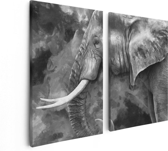 Artaza Canvas Schilderij Tweeluik Olifant - Abstract - Zwart Wit - 80x60 - Foto Op Canvas - Canvas Print
