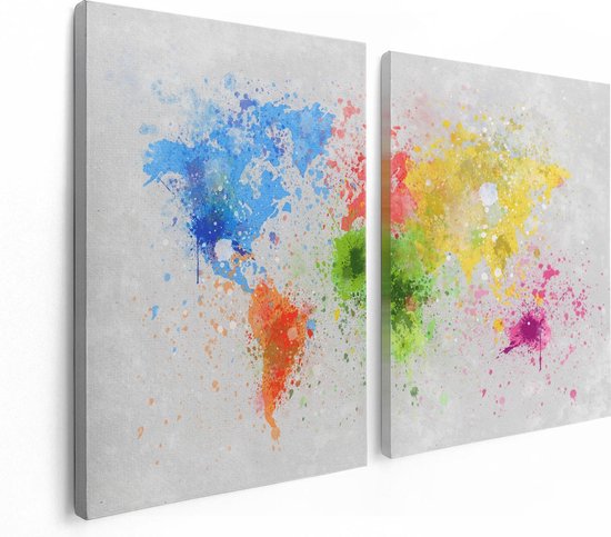 Artaza - Diptyque de peinture sur toile - Wereldkaart avec des taches de peinture - Abstrait - 120 x 80 - Photo sur toile - Impression sur toile