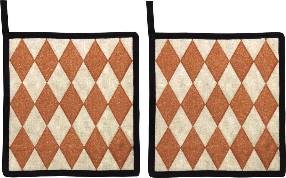 Rotterdams Handwerk - WYBER - pannenlappen - 2 stuks - ovenwanten - oranje - ecru - zwart - ruit - hittebestendig