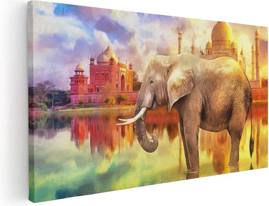 Artaza Canvas Schilderij Getekende Olifant Bij Taj Mahal - Abstract - 120x60 - Groot - Foto Op Canvas - Canvas Print