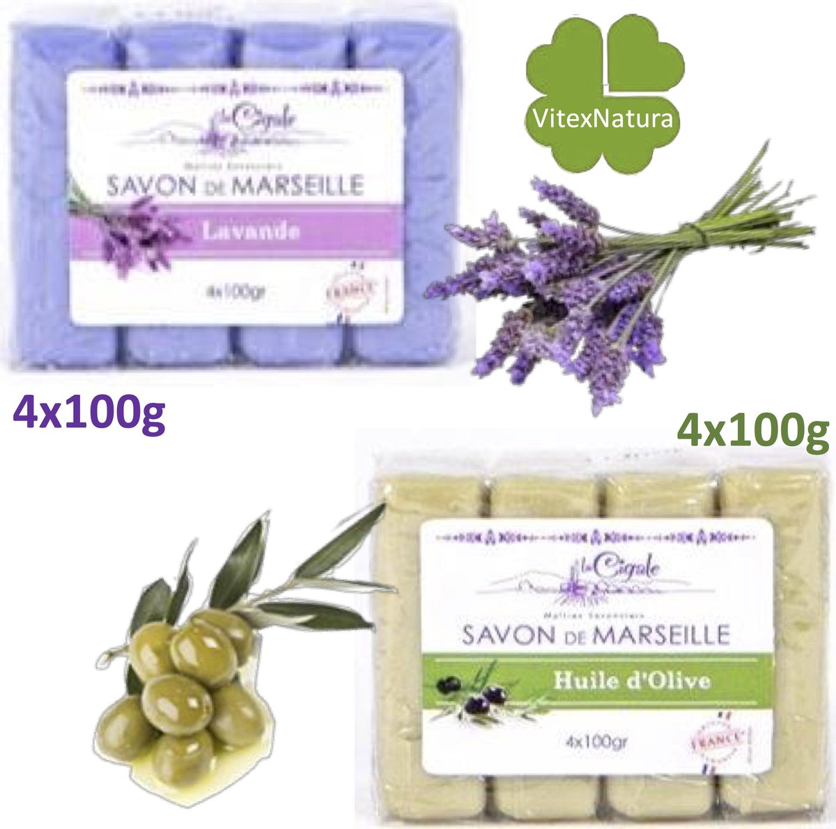 Marseille zeep Glycerine Olijf olie zeep 4x100g, glycerine lavendel zeep 4x100g