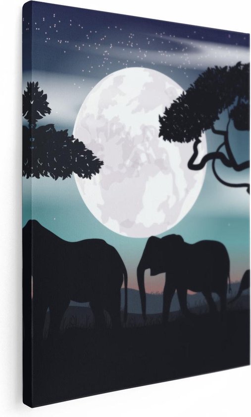 Artaza Canvas Schilderij Olifanten Silhouet Tijdens Volle Maan - 60x80 - Foto Op Canvas - Canvas Print