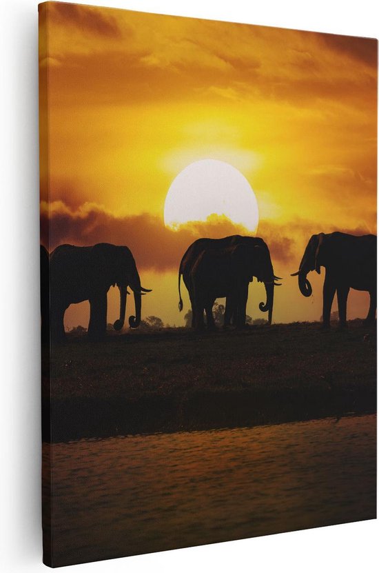 Artaza Canvas Schilderij Silhouet Olifanten Tijdens Zonsondergang - 80x100 - Groot - Foto Op Canvas - Canvas Print