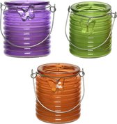 Set van 3x stuks citronella anti muggen kaarsen windlicht paars, groen en oranje 20 branduren