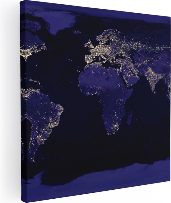 Artaza - Canvas Schilderij - Wereldkaart Met Licht Observaties - Foto Op Canvas - Canvas Print
