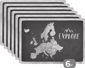Placemat - Placemats kunststof - Vintage Europakaart met de tekst Explore - zwart wit - 45x30 cm - 6 stuks - Hittebestendig - Anti-Slip - Onderlegger - Afneembaar