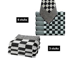 Homéé® Keukendoeken 9-delige sets zwart/wit - 6 x theedoeken 65x65cm + 3 x keukenhanddoeken 50x50cm