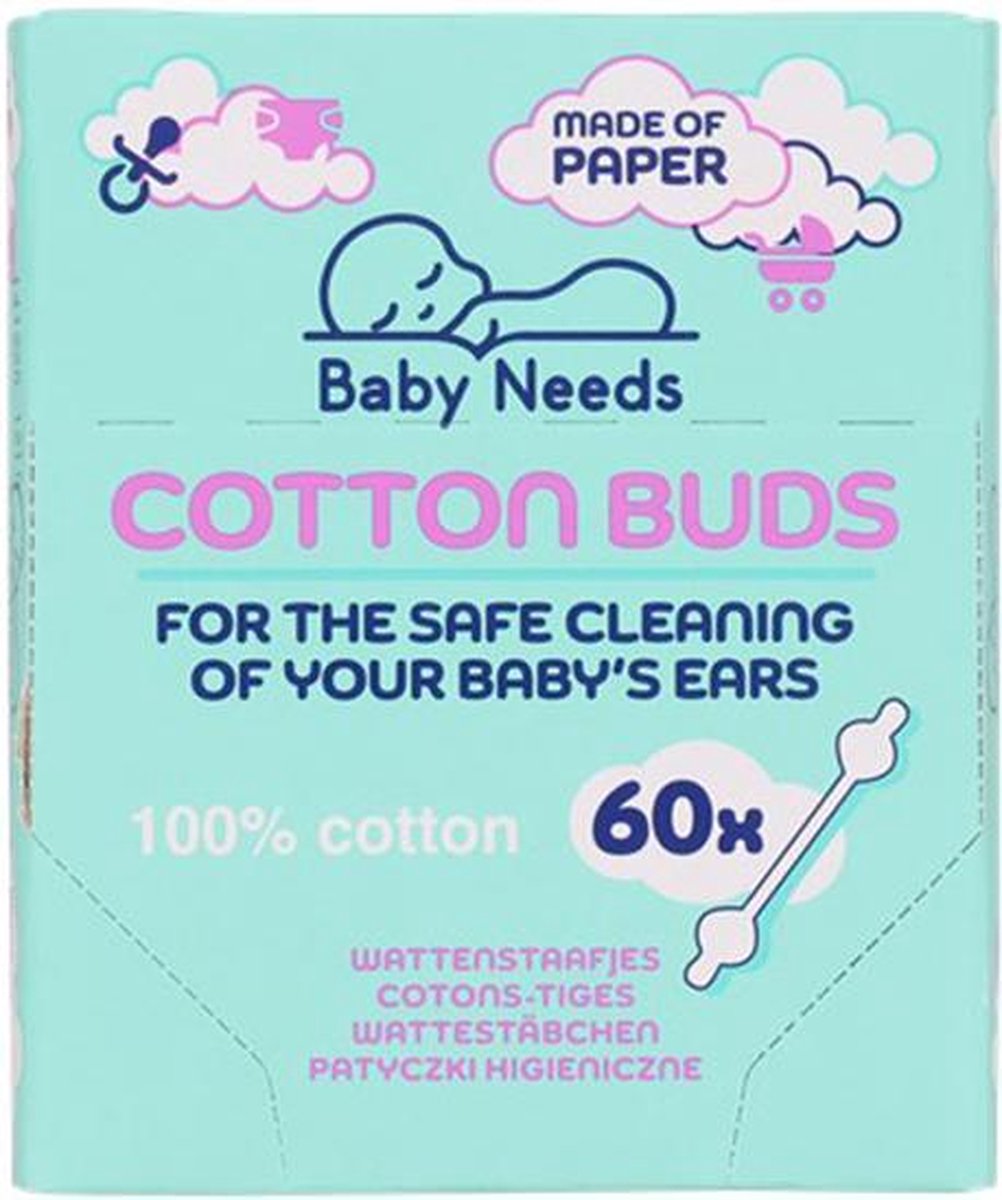 Baby Needs wattenstaafjes - 100% Katoen - 60 stuks - babyvriendelijk - schone oortjes - propere oren - baby - uitzet- kraampakket - bevalling - verzorging - reiniging